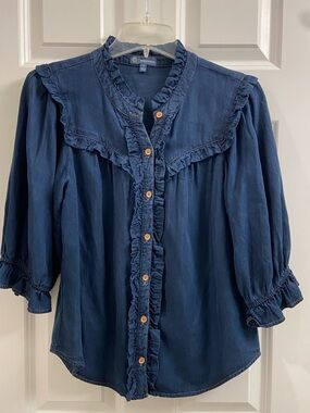 Women's Democracy Denium Button Up Blouse Ruffles 3/4 Puff Sleeves Small Blue